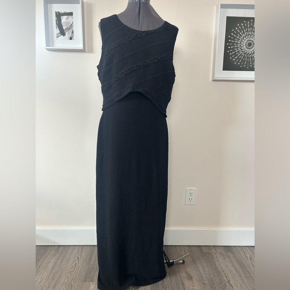 Joseph Ribkoff Black Maxi Evening Dress Beaded Tiered Overlay XL